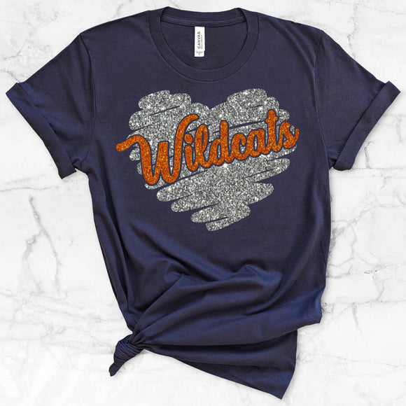 Wildcats Scribble Heart Glitter Shirt (Navy)